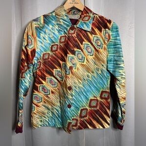 Life Style Women Multi Color Ikat Sequin Bead Cotton Button Front Jacket Small